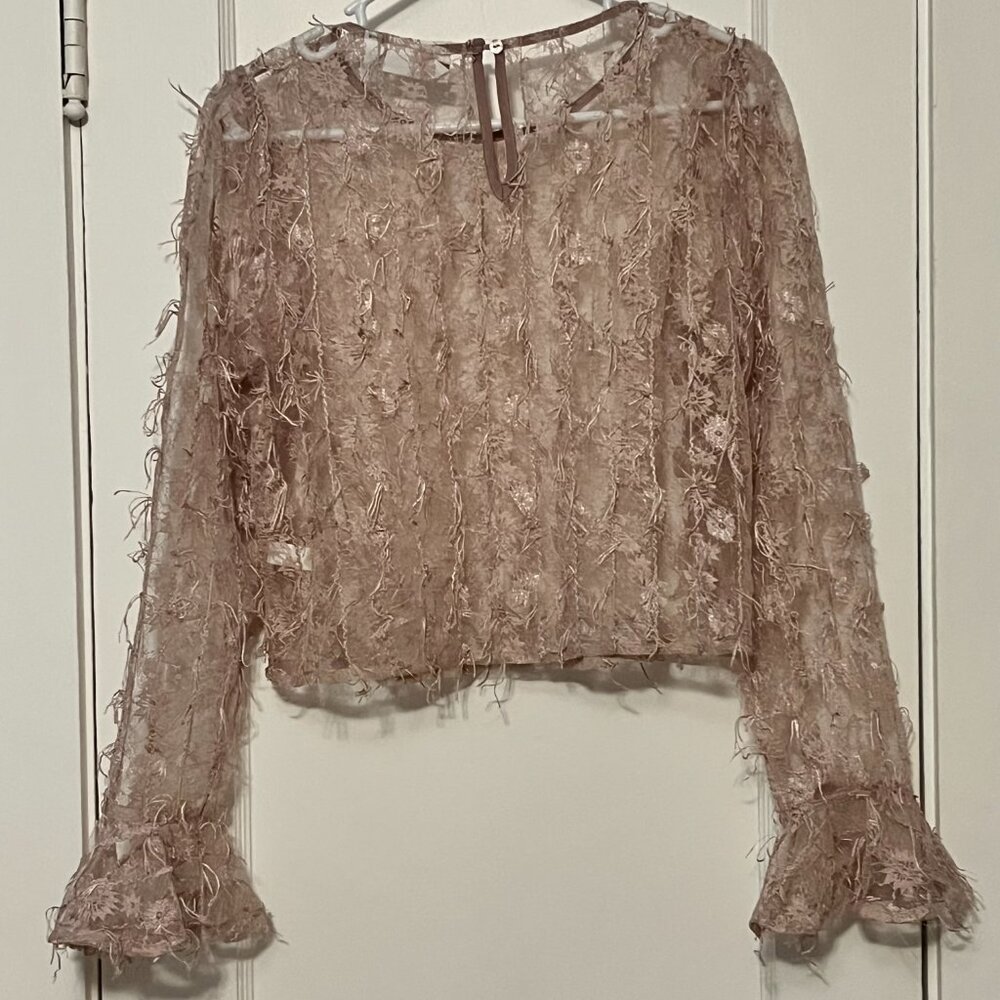 Willow & Root sheer floral lace top size small powder pink fringe detail - Picture 5 of 11
